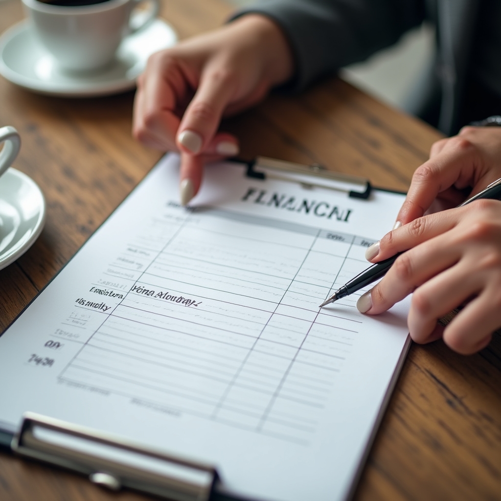 Primo piano del foglio di piano finanziario scritto a mano con penna e caffè