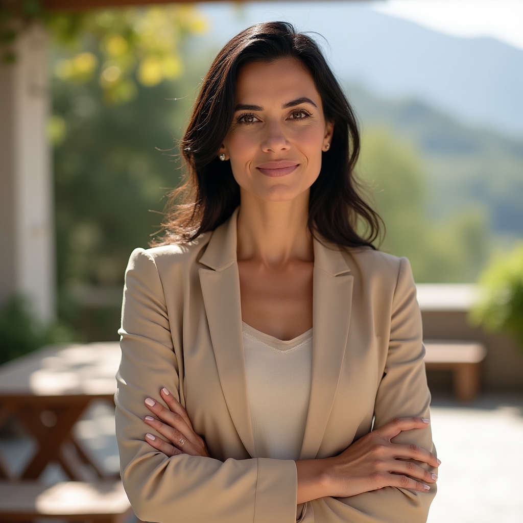 Ritratto di una facilitatrice professionista su una terrazza soleggiata